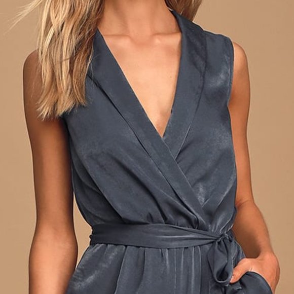 Love Like That Washed Navy Blue Satin Sleeveless Jumpsuit - Picture 4 of 7